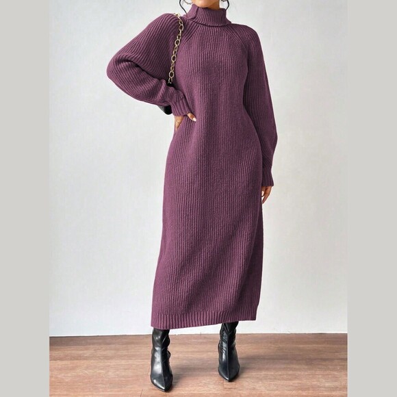 Dresses & Skirts - Plum Purple Ribbed Knit Turtleneck Long Sleeve Maxi Sweater Dress